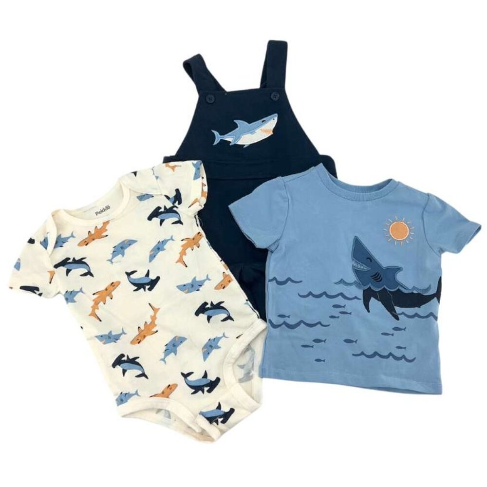 Pekkle | Boy's Overall Set | 3 Pieces | Blue & Off White | 12 Months
